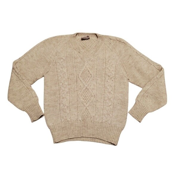 VTG Glen Carron Men XS Cable Knit Sweater Beige C-Neck 100% Wool Tonga - Picture 1 of 5